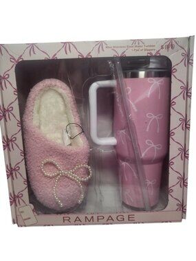 RAMPAGE Pink Teddy Slippers with Matching Stainless Steel Tumbler Gift Box